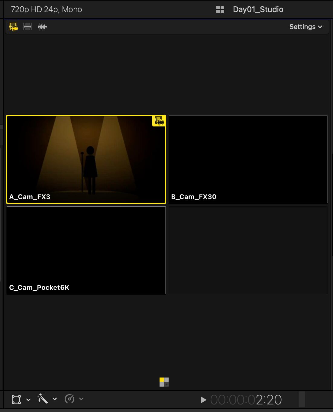 Final Cut Pro's angle viewer showing the finished multicam clip with three camera angles: A_Cam_FX3, B_Cam_FX30 and C_Cam_Pocket6K.