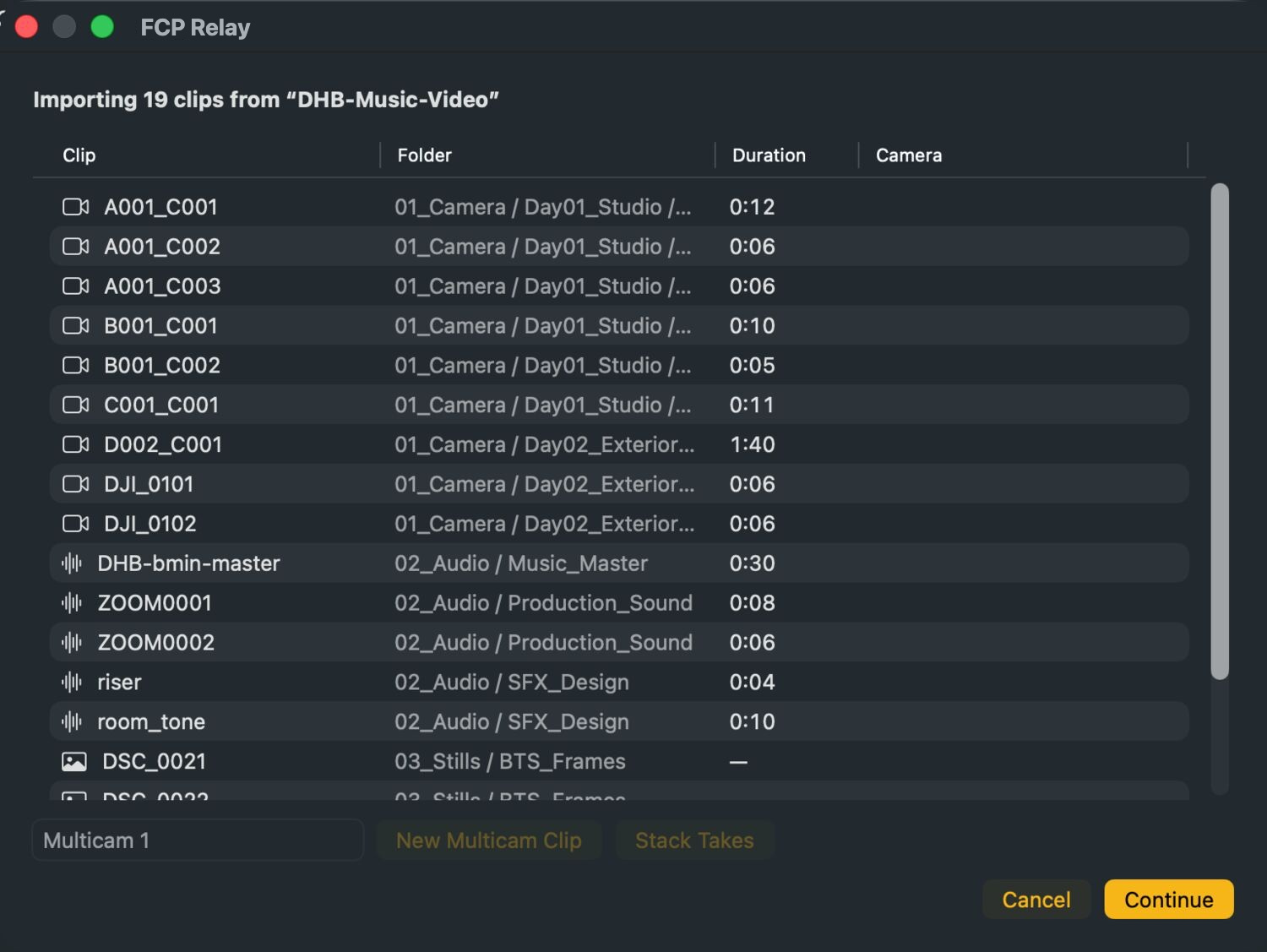The review list: 19 clips from DHB-Music-Video, each with its source folder and duration, above Cancel and Continue.