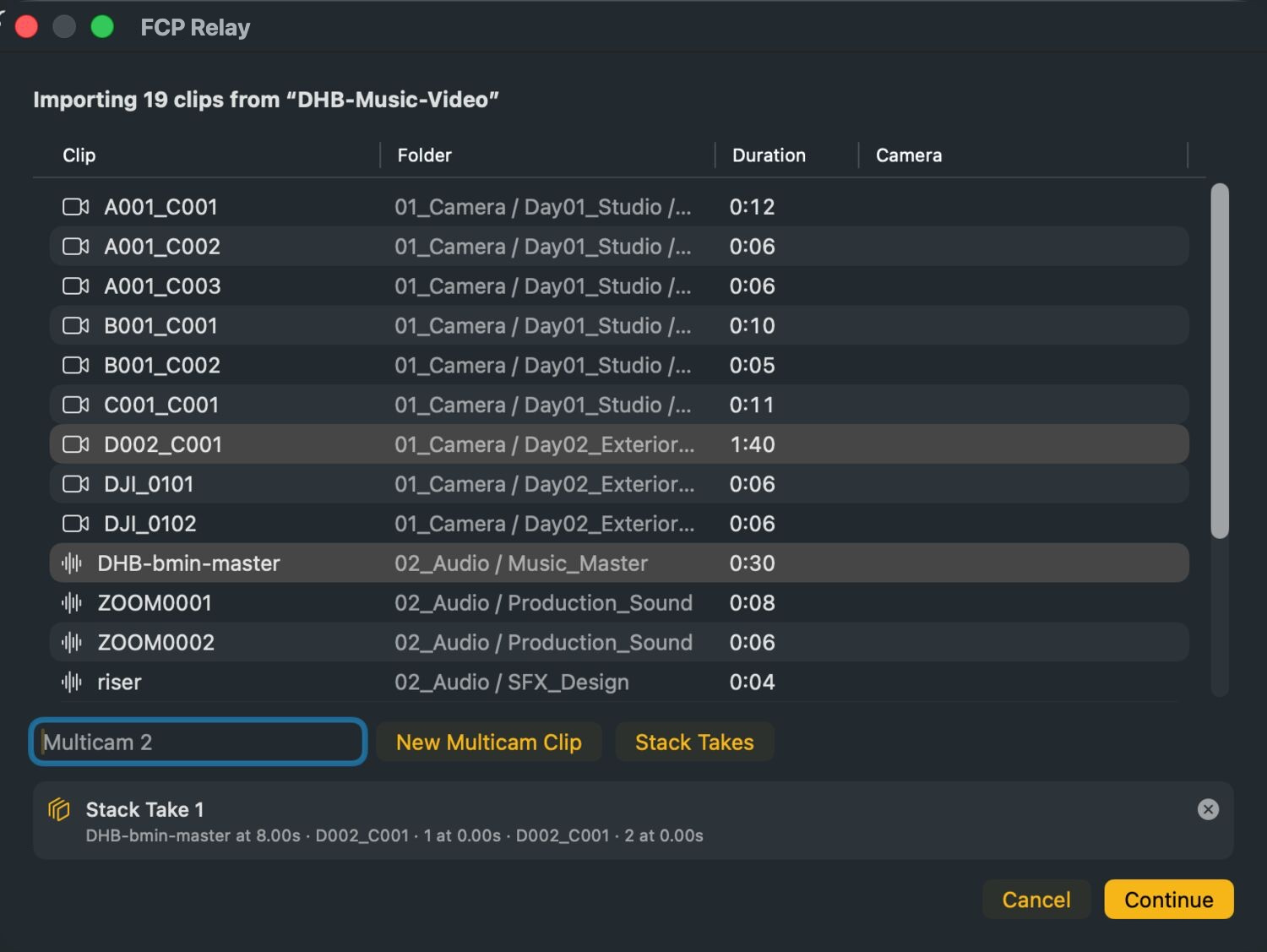 The review list with a Stack Take group beneath it, naming the reference track and the two takes found inside one camera file.