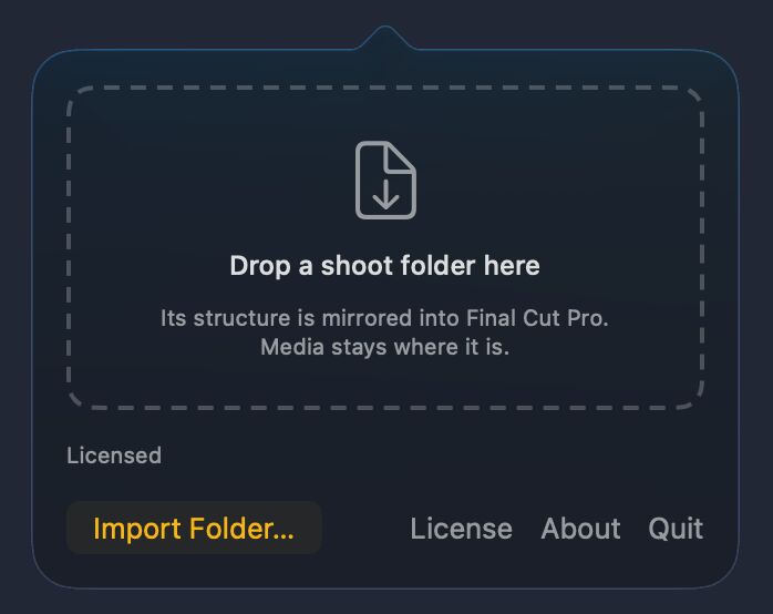 The FCP Relay menu bar panel: Drop a shoot folder here. Its structure is mirrored into Final Cut Pro. Media stays where it is.