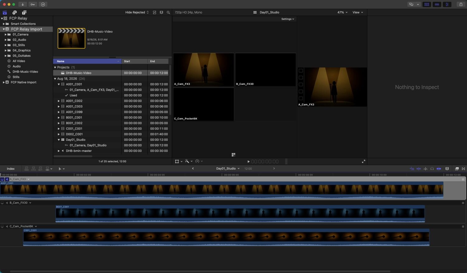 Final Cut Pro after an FCP Relay import: the shoot's folders nested in the sidebar, the clips listed in the browser, and a three-camera multicam clip on the timeline.