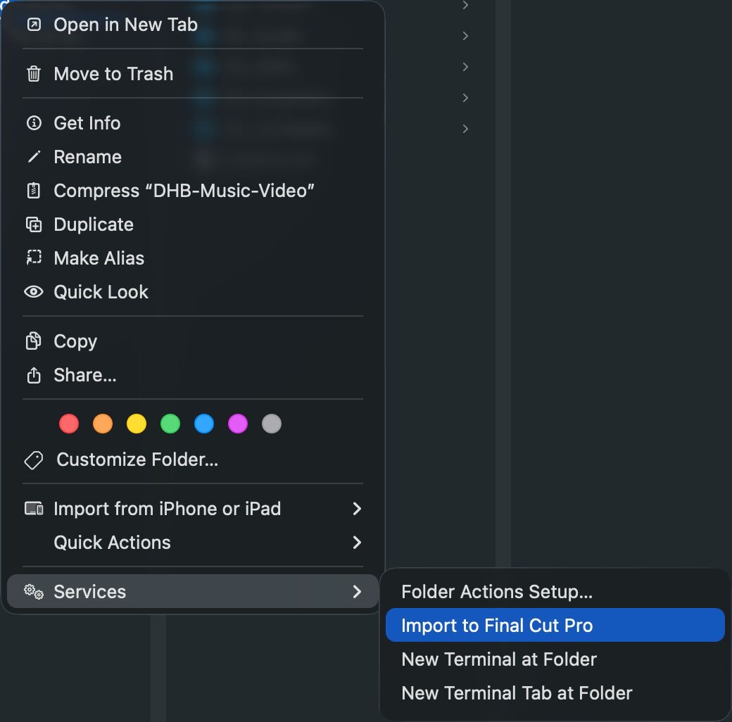 A folder's right-click menu in Finder, with Services open and Import to Final Cut Pro highlighted.