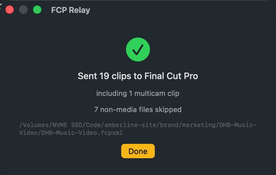 The completion screen: Sent 19 clips to Final Cut Pro, including 1 multicam clip, 7 non-media files skipped.
