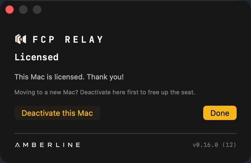 The licence window on an activated Mac