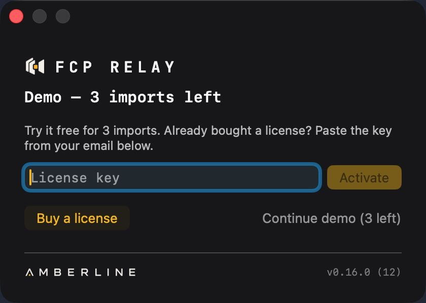 The licence window with the key field and the option to continue the demo