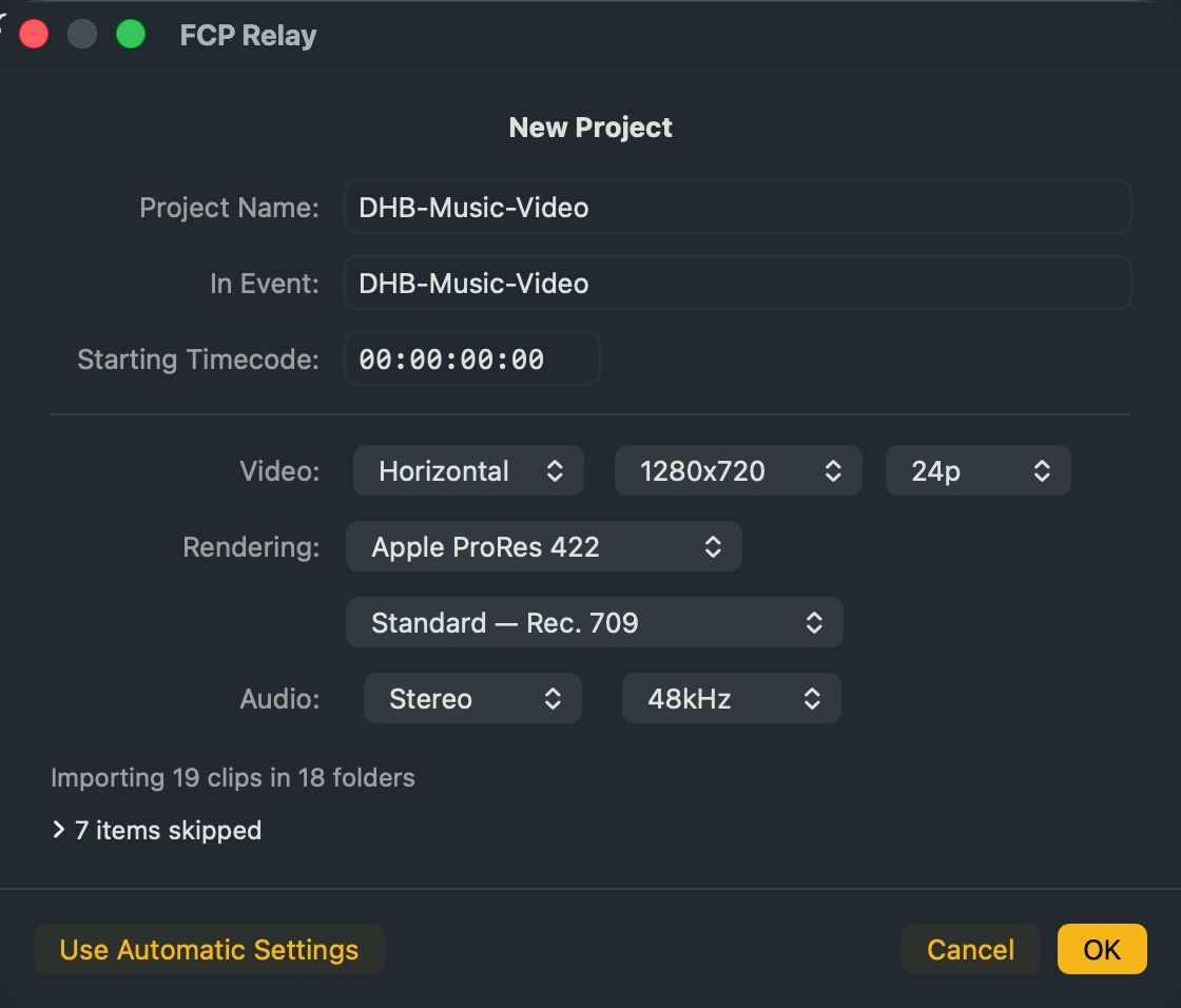 The project settings sheet with custom video, rendering and audio options shown