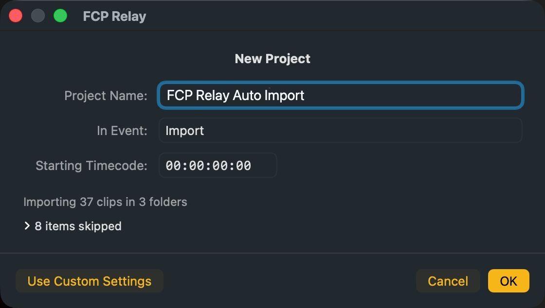 The project settings sheet in automatic mode