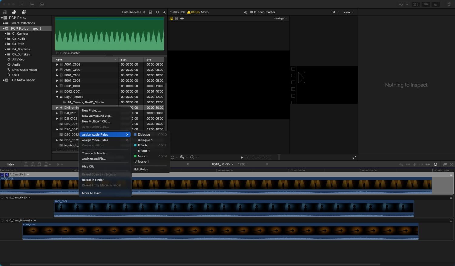 The imported event open in Final Cut Pro, with the Assign Audio Roles menu showing Dialogue, Effects and Music roles already in place.