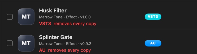 Two broken plugins, Husk Filter and Splinter Gate, each marked removes every copy.