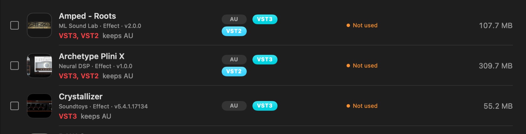 Three plugin rows, each with a line underneath naming the copies flagged and the one kept: VST3, VST2 keeps AU.