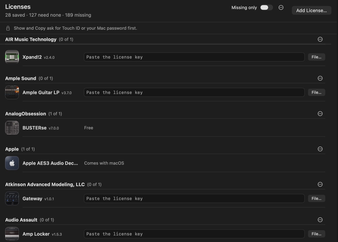 The top of the Licenses view: 28 saved, 127 need none, 189 missing. Plugins are listed by maker, each with a field reading Paste the license key and a File button; a free one says Free, and Apple's own says Comes with macOS.