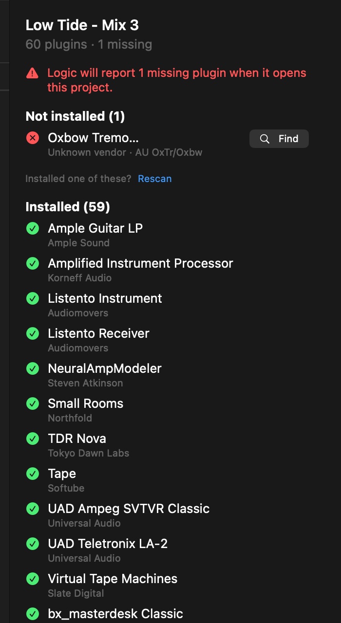 The panel for a project, Low Tide - Mix 3: 60 plugins, 1 missing. Logic will report 1 missing plugin when it opens this project. The missing one is listed under Not installed with a Find button, and the 59 installed are listed below.