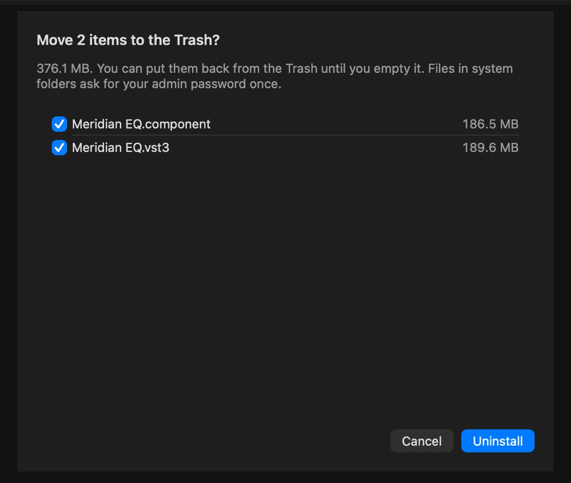 A sheet reading: Move 2 items to the Trash? 376.1 MB. You can put them back from the Trash until you empty it. Files in system folders ask for your admin password once. Meridian EQ.component and Meridian EQ.vst3 are listed, each ticked and with its size, above Cancel and Uninstall buttons.