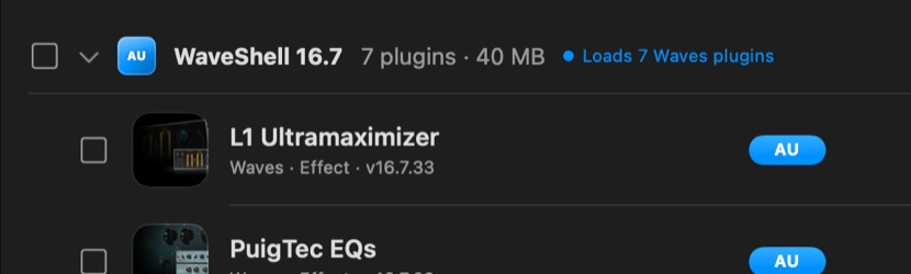 WaveShell 16.7 listed with what it loads, 7 Waves plugins, 40 MB, above the first of them: L1 Ultramaximizer and PuigTec EQs.