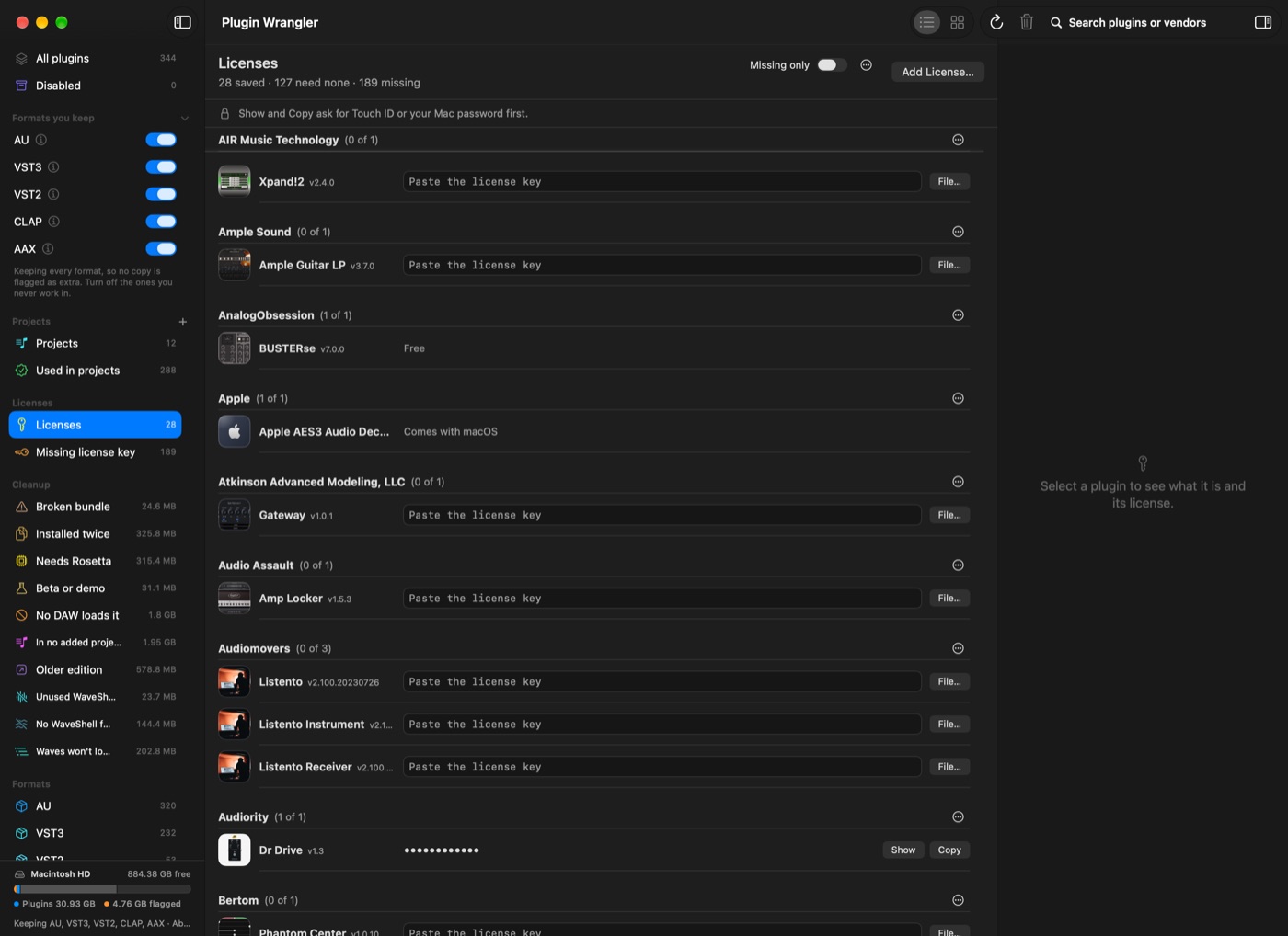 The Licenses view: 28 saved, 127 need none, 189 missing. Plugins are listed by maker, each with a field reading Paste the license key and a File button; a plugin with a saved key shows dots with Show and Copy.