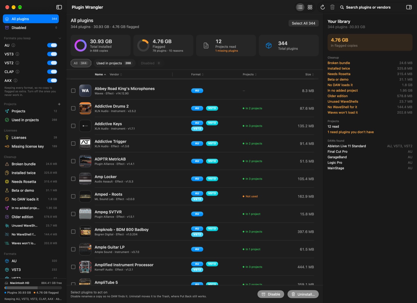Plugin Wrangler showing a library of 344 plugins across 688 copies on disk: the sidebar on the left with Licenses, Cleanup and a disk meter at its foot, four summary cards, and the list of plugins.