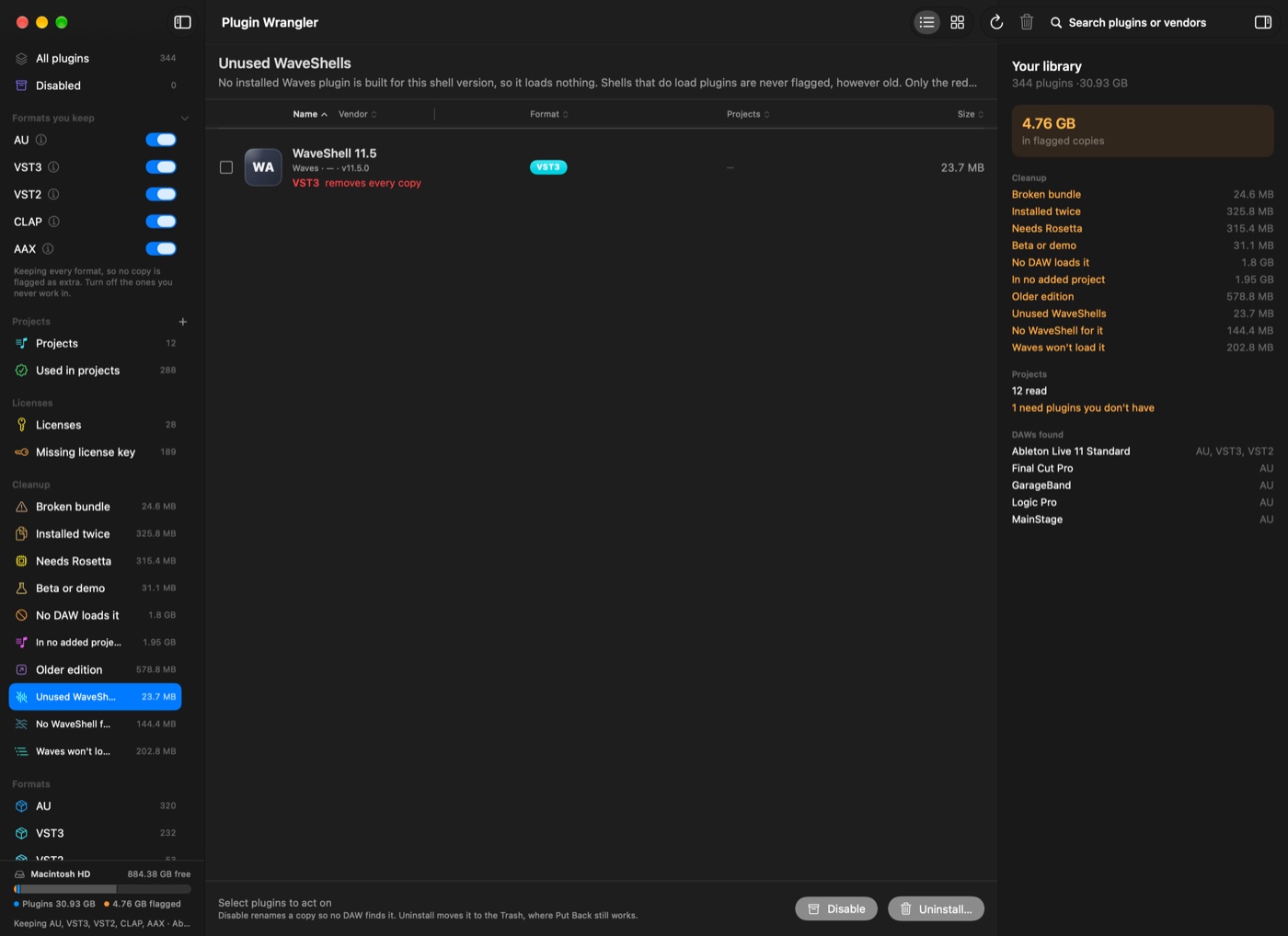 The Unused WaveShells view, showing a single shell, WaveShell 11.5, with no plugins built for its version.